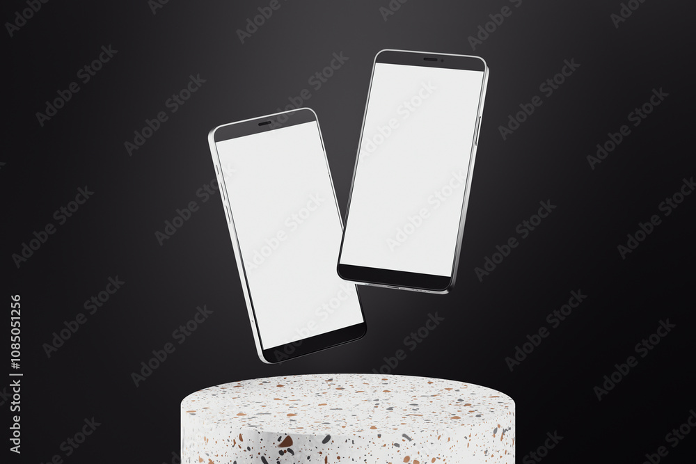 Aufkleber Smartphone mockup with two floating cellphones on a textured stand, black background, displaying blank screens for mobile app presentation. 3D Rendering