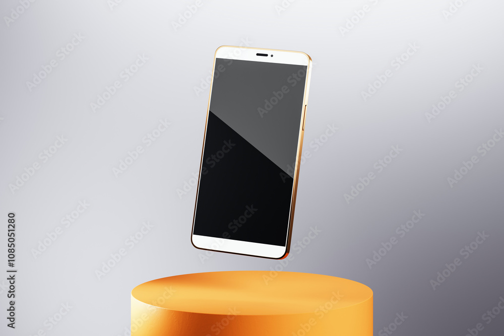 Poster Smartphone mockup floating vertically on an orange stand with a clean gray background. Screen is black, and design is minimalistic. 3D Rendering