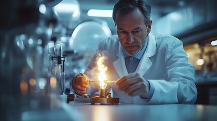 A scientist conducting an experiment with flames in a laboratory setting.