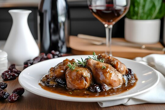 A dish of lapin aux pruneaux with rabbit in prune sauce on a modern wooden table, with wine, prunes, and decor, set in a sleek modern kitchen backdrop