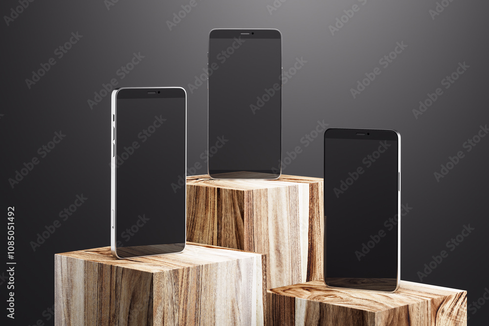 Poster Three smartphones with blank screens standing on wooden blocks, minimalistic display mockup on a dark background, modern design. 3D Rendering