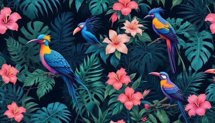 Tropical exotic pattern with animal and flowers in bright colors and lush vegetationn