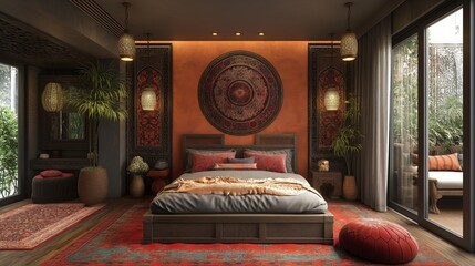 Stylish modern in Ethnic style bedroom interior background. Design concept.