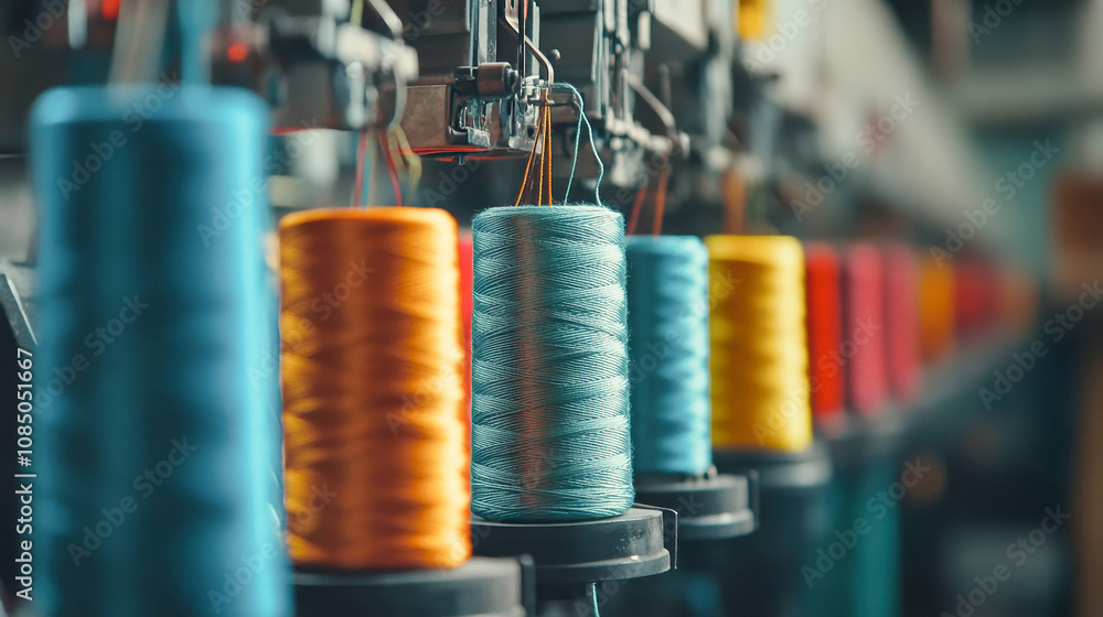 Poster colorful spools of thread on an embroidery machine in a textile factory creating intricate designs f