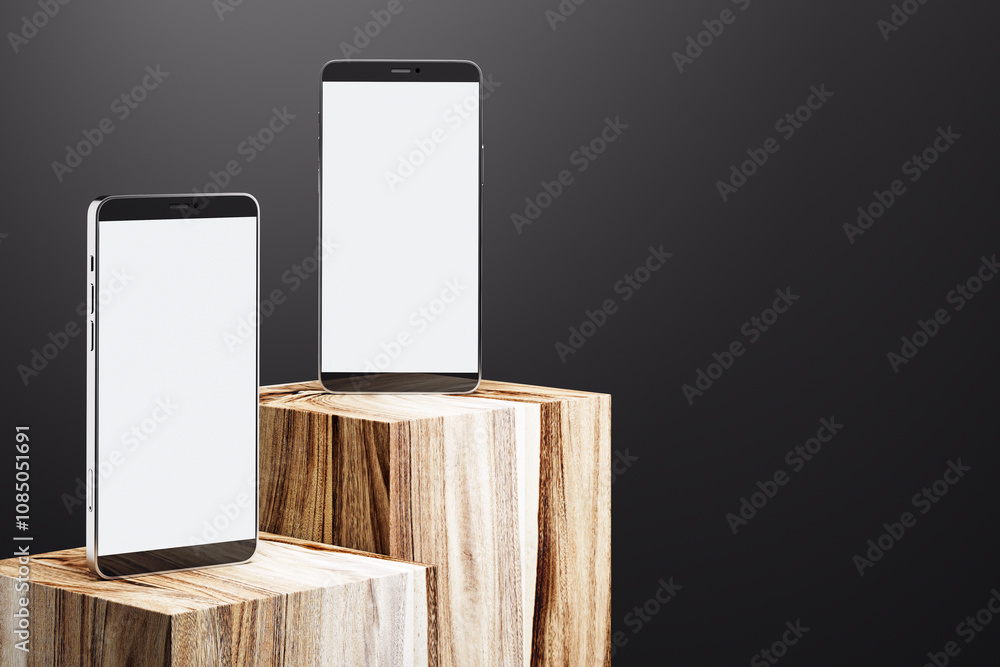 Poster Two smartphones with blank screens placed on wooden stands against a dark background for product or app presentation mockup. 3D Rendering