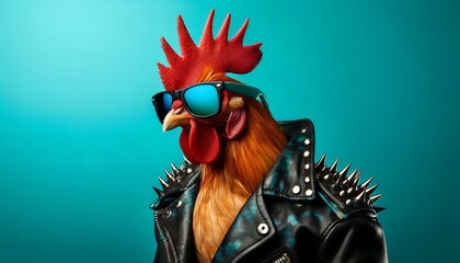 portrait of a rooster wearing glasses and leather jacket