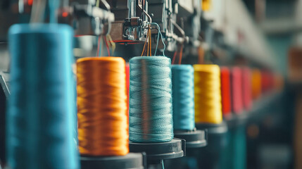 Colorful spools of thread on an embroidery machine in a textile factory creating intricate designs for home decor and fashion