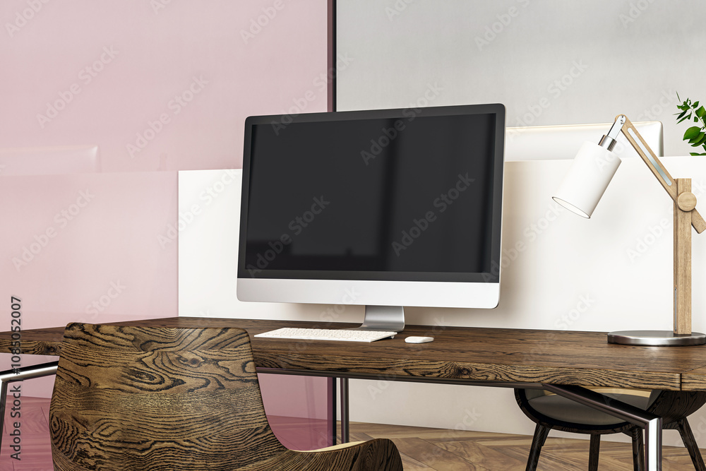 Poster modern office workspace with wooden desk, desktop computer, and lamp in a clean corporate setting. 3