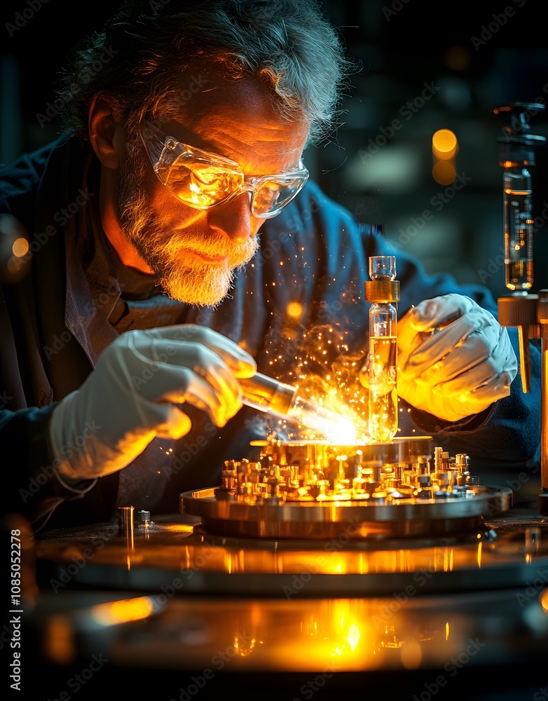 Poster a scientist meticulously working with equipment, creating sparks in a laboratory setting.