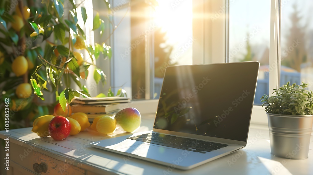 Canvas Prints A sunlit workspace featuring a laptop, fresh fruits, and plants by the window, creating a vibrant and inviting atmosphere.