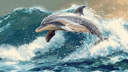 Fototapeta premium Dolphin leaping from ocean waves. (1)