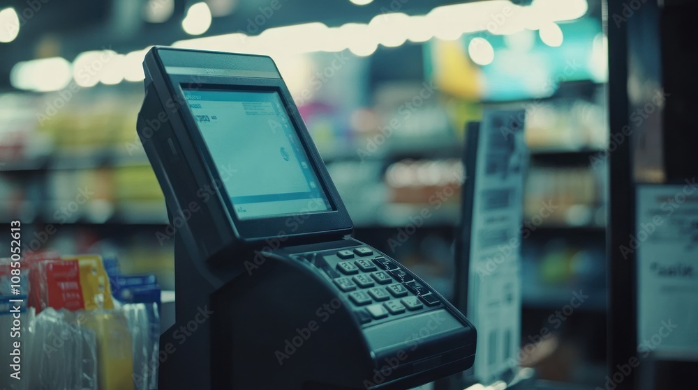 Poster a checkout terminal in a grocery store, displaying a transaction screen.