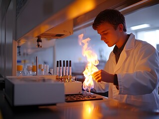 A young scientist conducts an experiment with flames in a laboratory setting.