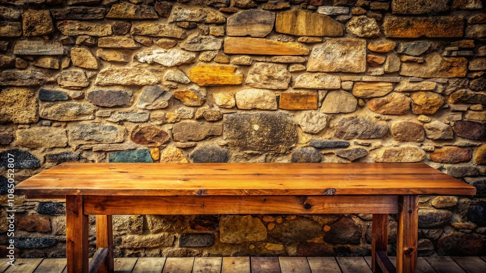 Poster rustic background of a weathered oak table set against a textured stone wall, perfect for displaying