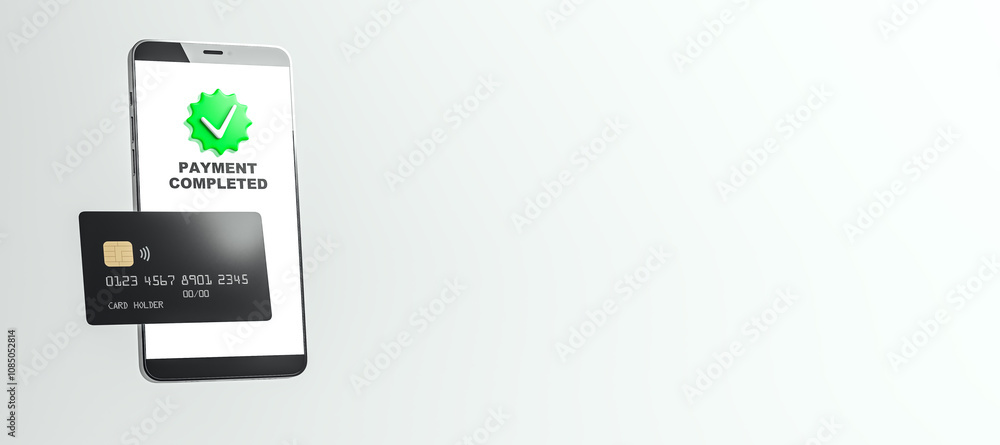 Aufkleber Smartphone with payment completed message and credit card on light background. Digital transaction concept with an empty space for text. 3D Rendering