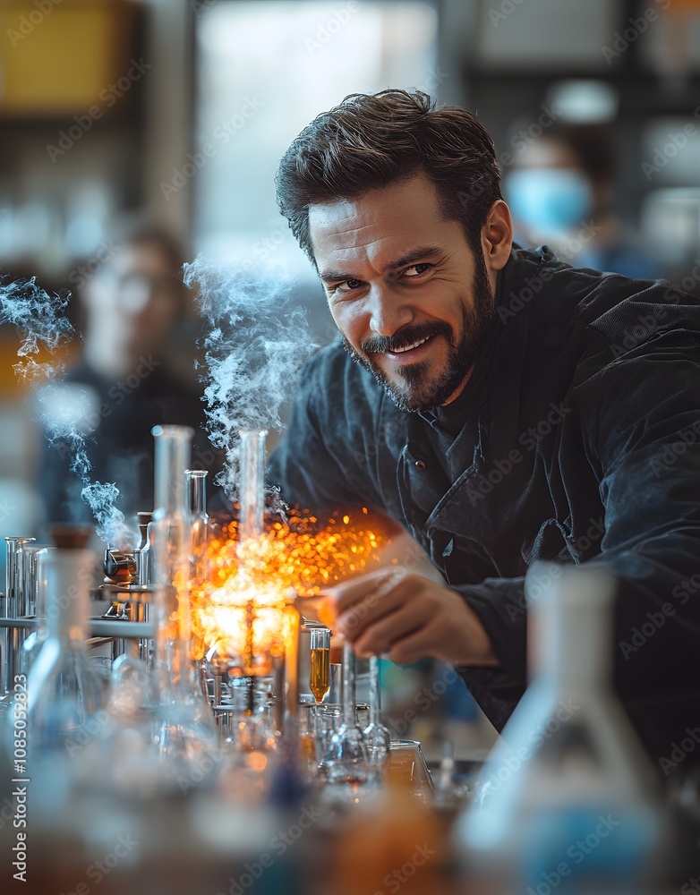 Poster a scientist conducts an experiment, creating sparks and smoke in a laboratory setting.