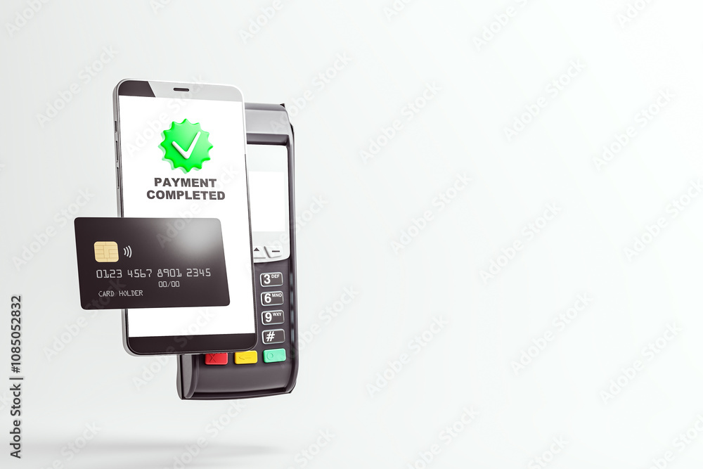 Poster smartphone, credit card, and payment terminal with payment completed message on white background. co