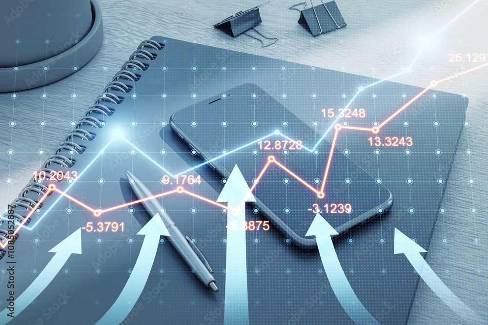 Poster Double exposure of smartphone with forex trading chart, arrows rising, and financial data overlay on desktop background with notepad. 3D Rendering