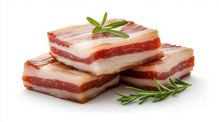 Succulent pork belly strips showcasing rich layers of meat and fat, presented elegantly on a clean white background.