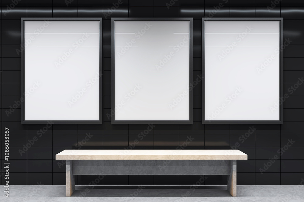 Poster three blank vertical posters on a black wall with a bench in front, modern interior design, subway o