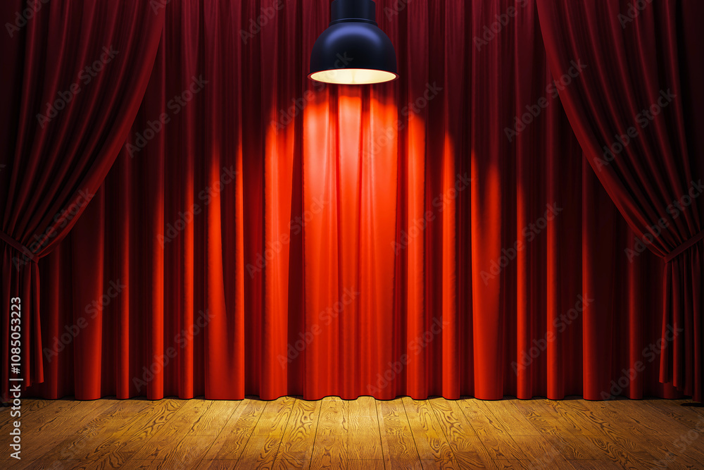 Poster empty classic stage with red curtains, wooden floor, and spotlight focused at the center. blank scen
