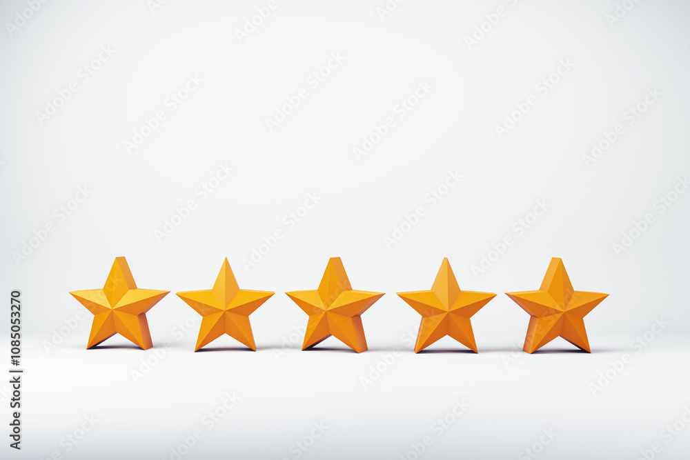 Poster Five orange stars in a row arranged on a light neutral background representing a rating evaluation system. 3D Rendering