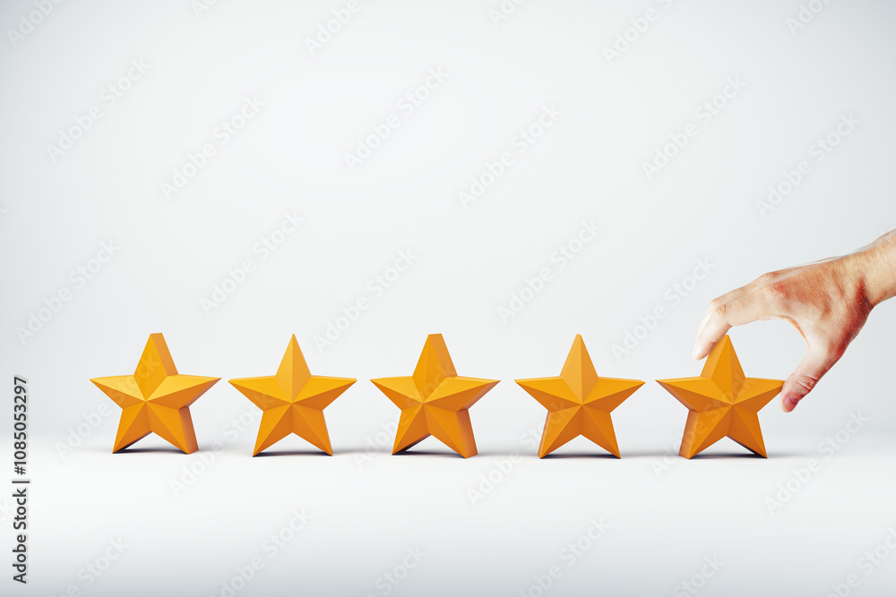 Poster hand placing the fifth star in a row of orange 3d stars on a white background, symbolizing a five-st
