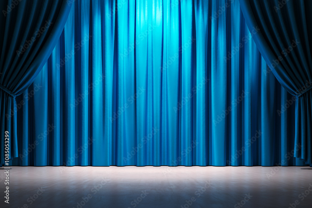 Aufkleber Closed blue stage curtains with spotlight in front view on an empty wooden floor. Blank scene for a performance or creative event backdrop. 3D Rendering