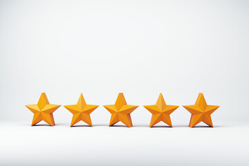 Five orange stars in a row arranged on a light neutral background representing a rating evaluation system. 3D Rendering