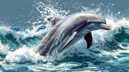 Fototapeta premium Dolphin leaping from ocean waves.