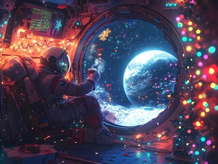 Astronaut Enjoys Hot Drink While Gazing at Earth Through Porthole Decorated with Colorful Holiday Lights in a Cosmic Scene