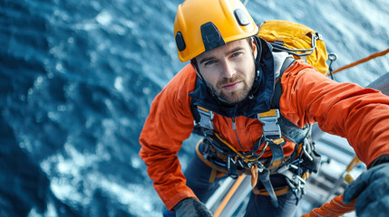 Offshore wind turbine technician in orange safety gear climbing structure, showcasing determination and focus against backdrop of ocean. Safety equipment is essential