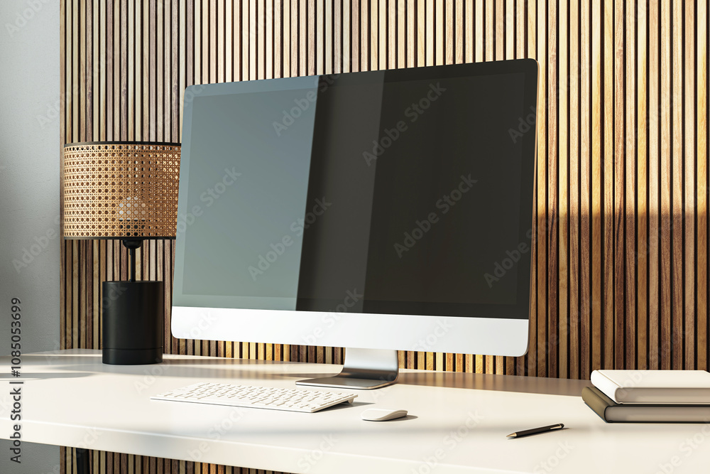 Aufkleber Modern computer screen on a clean desk with a lamp and books in a stylish office setting. 3D Rendering