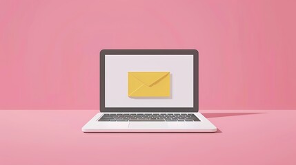 A laptop displaying a yellow envelope icon on a pink background, symbolizing digital communication.