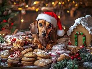 Adorable Dachshund in Santa Hat Surrounded by Assorted Holiday Cookies and Gingerbread House in Cozy Festive Setting