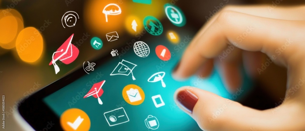 Poster a hand interacting with a smartphone displaying various app icons.