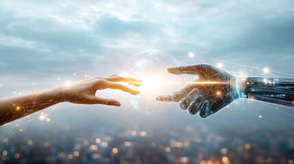 Reaching light with a robotic and human hand touching fingers