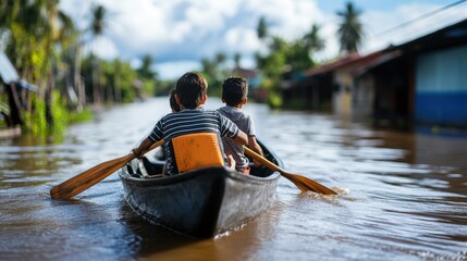 Children Navigating Through Flooded Streets in a Canoe