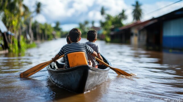 Children Navigating Through Flooded Streets in a Canoe - Powered by Adobe