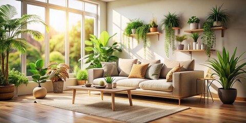 Serene Minimalist Living Room Featuring a Beige Sofa Surrounded by Lush Green Plants and Soft Natural Light, Perfect for a Cozy and Inviting Atmosphere