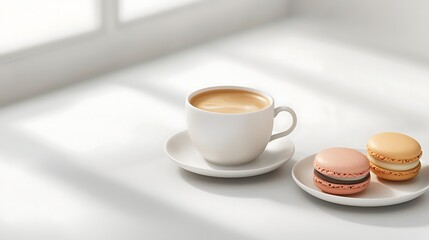 A cozy scene featuring a cup of coffee beside colorful macarons on a white table, bathed in soft light.