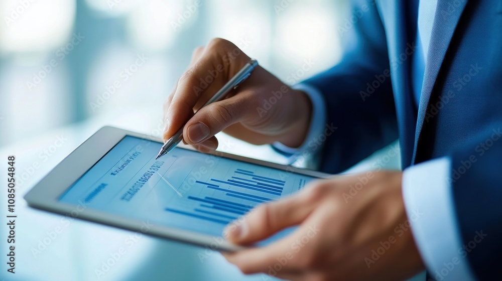Poster a person analyzing data on a tablet with a pen in a professional setting.