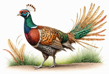 Obraz premium Male pheasant standing in grass with vibrant tail feathers