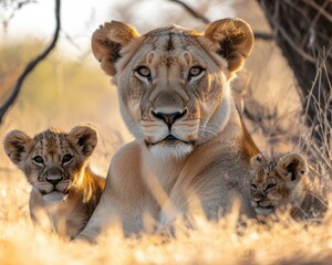 Obraz premium Lioness with cubs in the grass. AI.