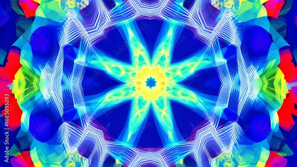 Poster rotating kaleidoscope of vibrant rainbow colors explodes outwards, creating a mesmerizing hypnotic e