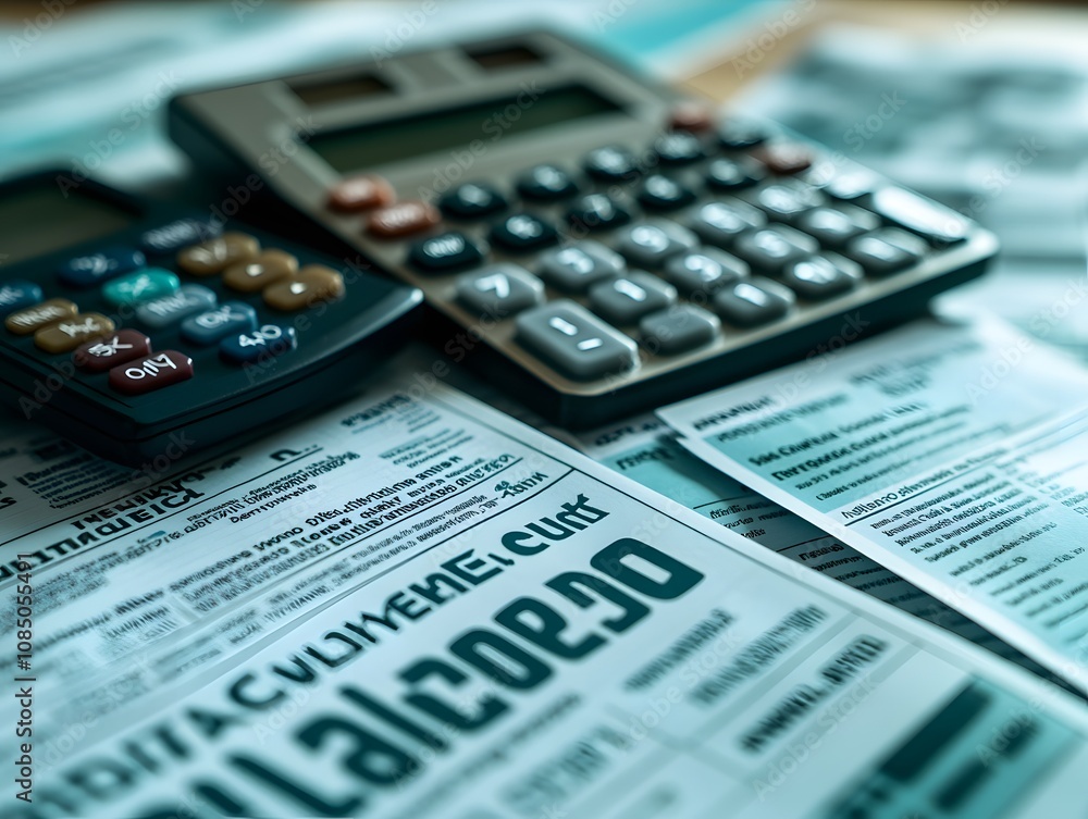 Poster a workspace with calculators and financial documents for accounting tasks.