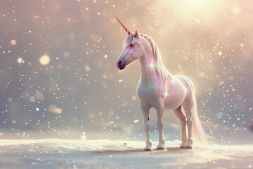 Fantastically beautiful mythological pink unicorn with long horn