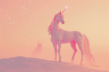 Naklejka premium Fantastically beautiful mythological pink unicorn with long horn