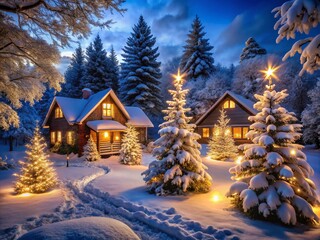 Fototapeta premium Serene Winter Night Scene with Glowing Christmas Lights on Trees and Homes Under a Starry Sky and Snow-Covered Ground