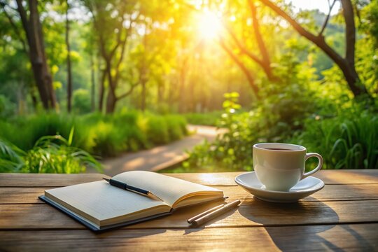 Serene Writer's Inspiration: Coffee Cup and Notebook in a Peaceful Nature Setting for Creative Reflection and Tranquility